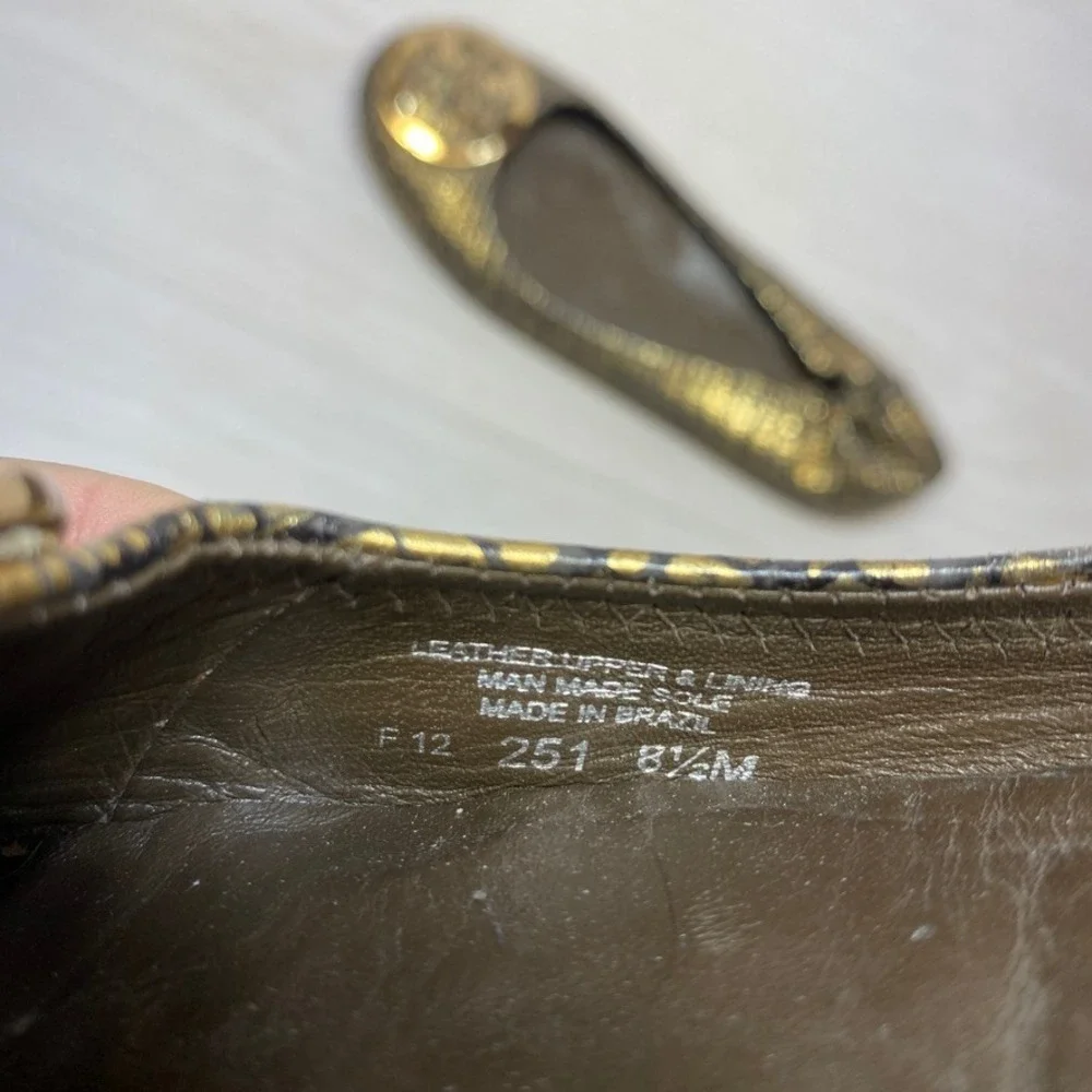 Flaw Tory Burch‎ Reva Ballet Flats Gold Metallic Snakeskin Logo Medallion 8.5M